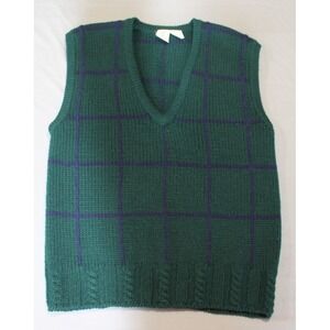 J G Hook 100% Wool Sweater Vest Green Blue Plaid Mens Large Vintage Academia